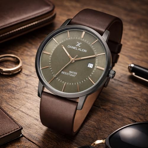 DANIEL KLEIN Analog Grey Round Dial Silver Case Brown Leather Strap Date Water-Resistant Wrist Watch for Men Boys DK.1.12419-4 - Image 3