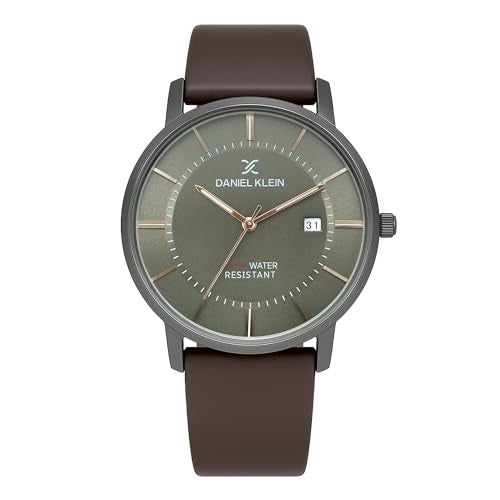DANIEL KLEIN Analog Grey Round Dial Silver Case Brown Leather Strap Date Water-Resistant Wrist Watch for Men Boys DK.1.12419-4 - Image 1