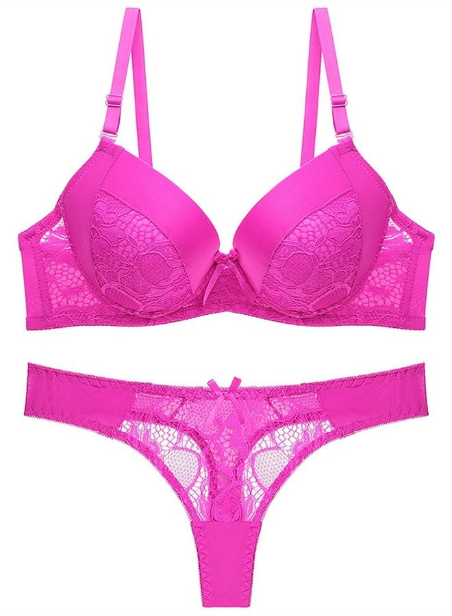 Solid Color B C Cup Lace Bra Panty Set Pink