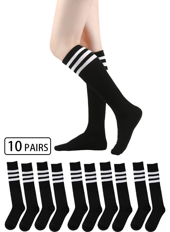 DUNISO 10 pairs of mid length football socks, half length socks for casual dance cheerleading performances, three striped long socks (black) - Image 1