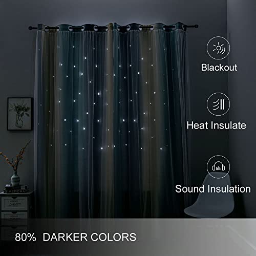 FANLI Ombre Rainbow Blackout Curtains for Kid Girls Bedroom Living Room Darking Stripe Double Layer Star Cut Out Wall Home Decor Gradient Grommet Window Curtains (Blue/Yellow, 52W x 63L) - Image 3
