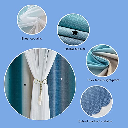 FANLI Ombre Rainbow Blackout Curtains for Kid Girls Bedroom Living Room Darking Stripe Double Layer Star Cut Out Wall Home Decor Gradient Grommet Window Curtains (Blue/Yellow, 52W x 63L) - Image 4