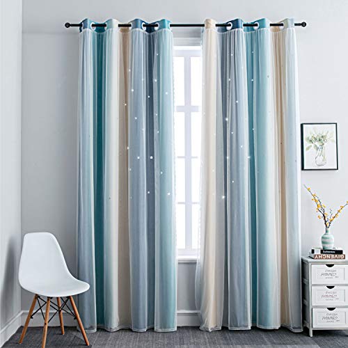 FANLI Ombre Rainbow Blackout Curtains for Kid Girls Bedroom Living Room Darking Stripe Double Layer Star Cut Out Wall Home Decor Gradient Grommet Window Curtains (Blue/Yellow, 52W x 63L) - Image 1