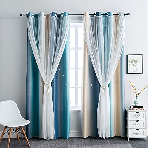FANLI Ombre Rainbow Blackout Curtains for Kid Girls Bedroom Living Room Darking Stripe Double Layer Star Cut Out Wall Home Decor Gradient Grommet Window Curtains (Blue/Yellow, 52W x 63L) - Image 5