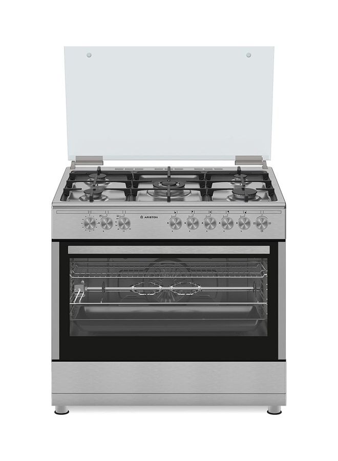 90x60 Cm Freestanding Cooker Gas Cooking Range-5 Burners With 1 Triple Crown Sabaf One Hand Automatic Ignition Full Safety Skewer Turnspit Cast Iron Grids Maxi-Oven AM9GC6KCXMEA Silver