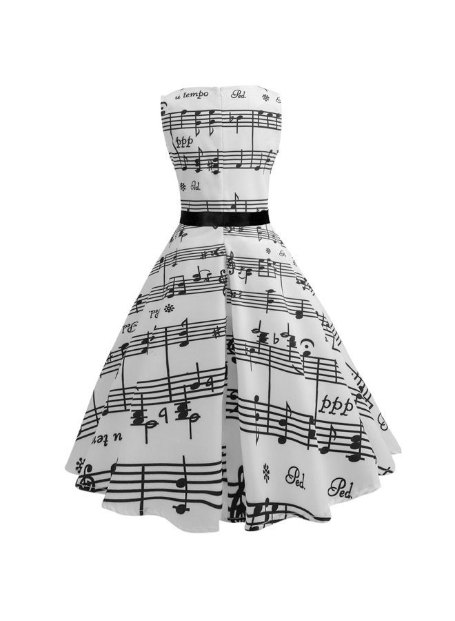 Wellwits Women's Boat Neck Sash Tie Music Note Print Midi Fall Swing Dress M - Image 2