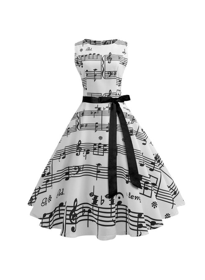 Wellwits Women's Boat Neck Sash Tie Music Note Print Midi Fall Swing Dress M - Image 1