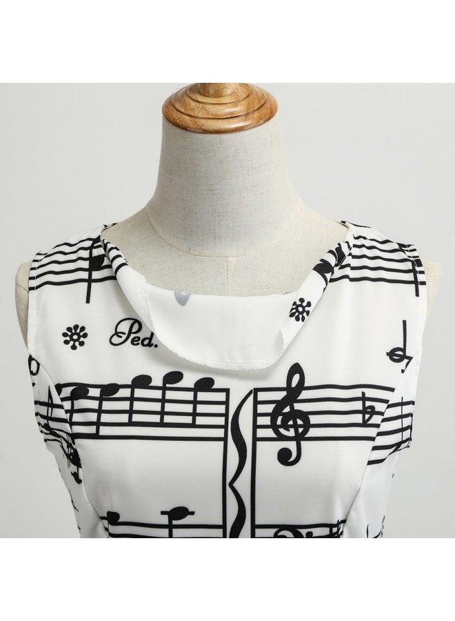 Wellwits Women's Boat Neck Sash Tie Music Note Print Midi Fall Swing Dress M - Image 3
