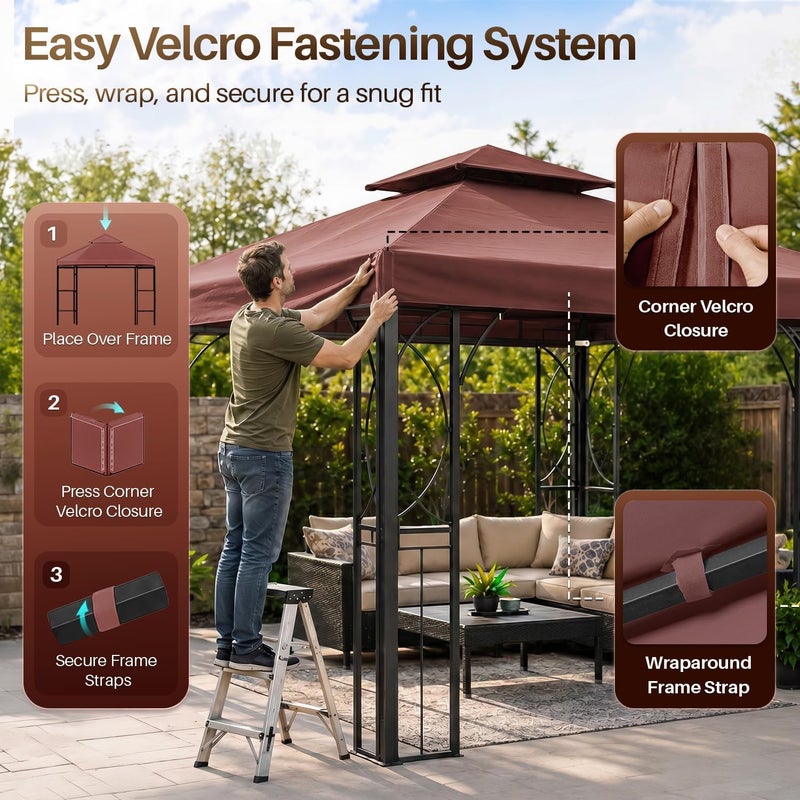 Flexzion 12x12 (3.6m x 3.6m) Gazebo Canopy Replacement Top - Outdoor Living Brown Polyester UV30+ Water Resistant Double Tier Canopy Cover for Garden, Patio, Yard Tent - Image 4