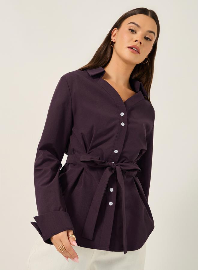 Styli Regular Fit Collared Shirt with Waist Tie Detail - Image 3