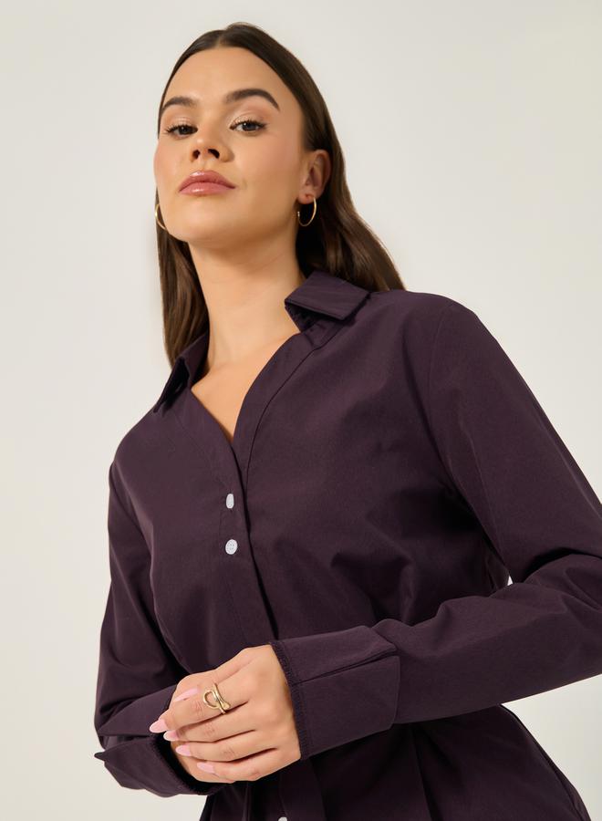 Styli Regular Fit Collared Shirt with Waist Tie Detail - Image 4