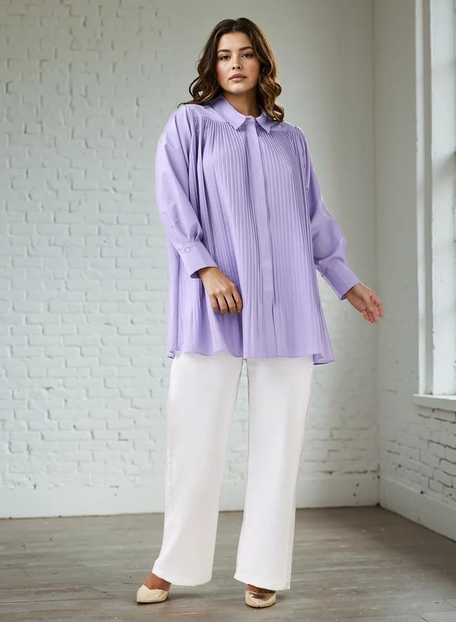 Ulla Popken Plus Size Ulla Popken Relaxed Fit Pleated Shirt with Long Sleeves