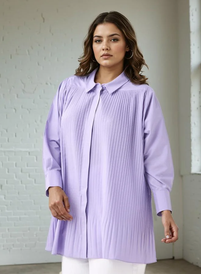Ulla Popken Plus Size Ulla Popken Relaxed Fit Pleated Shirt with Long Sleeves