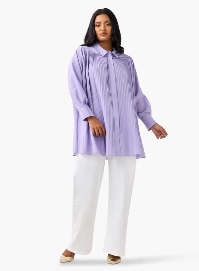 Ulla Popken Plus Size Ulla Popken Relaxed Fit Pleated Shirt with Long Sleeves