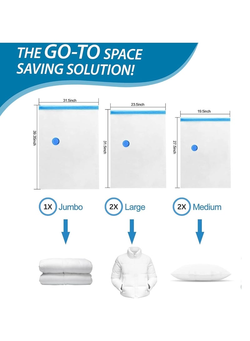 Vacuum Storage Bags - Pack of 6 (1 Jumbo/2 Large/2 Medium/1 Pump) Re-usable Travel Compression Storage Bags For Clothes, Comforters & Blankets - Space Saver Sealer Bags with Hand Pump - Image 3