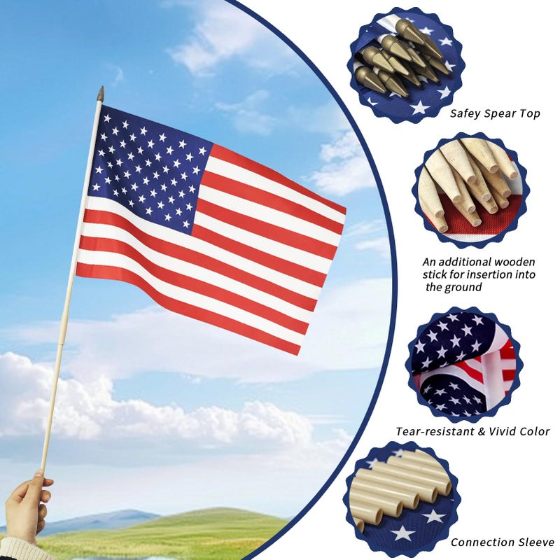 FLAGMESAGE 12 Pack 12x18 Inch American Flags on Stick - Patriotic American Flags for Outside, USA Stick Flag Perfect for Independence Day, Memorial Day, 4th of July Decorations, 250th Anniversary Flag (12) - Image 3