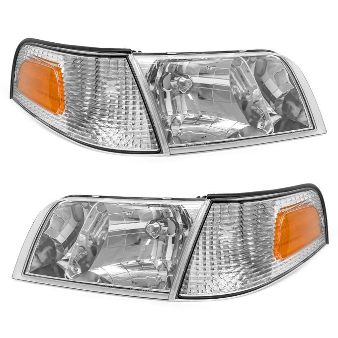 Headlight Assembly Compatible With Ford Crown Victoria 1998 1999 2000 2001 2002 2003 2004 2005 2006 2007 2008 2009 2010 2011 Replacement Headlamp Pair Wchrome Housing Amber Reflector