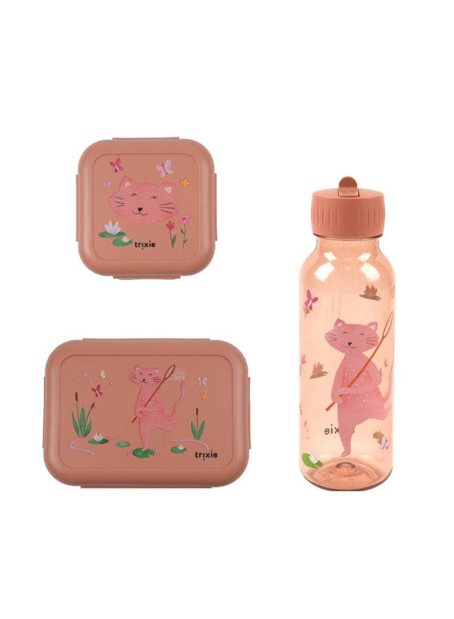 Trixie School Lunch Set of 3 - Leakproof Lunch Box With Clips + Leakproof Snack Box + 500ml Tritan Bottle - Mrs. Cat - Image 1