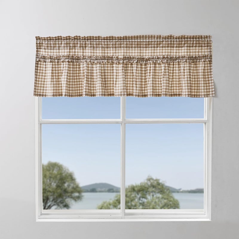 Silnuo Taupe/White Plaid Gingham Ruffle Window Valance Farmhouse Checkered Kithchen Treatment Washed Cotton Decorative Curtain Rod Pocket 52" W x 18" L - Image 2