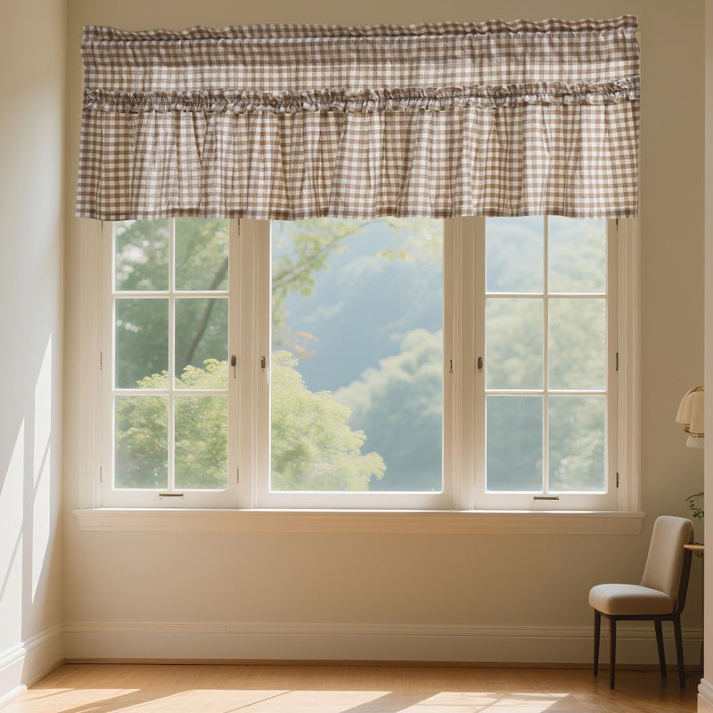 Silnuo Taupe/White Plaid Gingham Ruffle Window Valance Farmhouse Checkered Kithchen Treatment Washed Cotton Decorative Curtain Rod Pocket 52" W x 18" L - Image 1