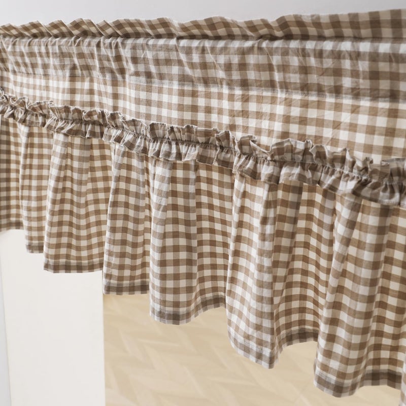 Silnuo Taupe/White Plaid Gingham Ruffle Window Valance Farmhouse Checkered Kithchen Treatment Washed Cotton Decorative Curtain Rod Pocket 52" W x 18" L - Image 3