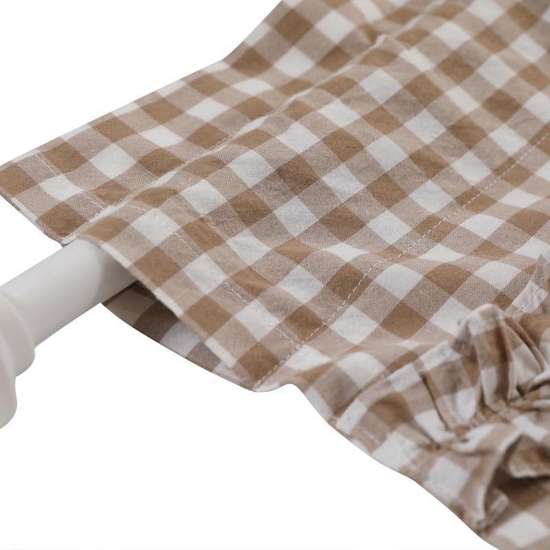 Silnuo Taupe/White Plaid Gingham Ruffle Window Valance Farmhouse Checkered Kithchen Treatment Washed Cotton Decorative Curtain Rod Pocket 52" W x 18" L - Image 4