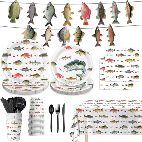 LINHAXM 170PCS Fishing Birthday Party Decorations Gone Fishing Party Decorations Include Plates Cups Cutlery Banner Tablecloth for Ofishally One Birthday Decorations - Image 1