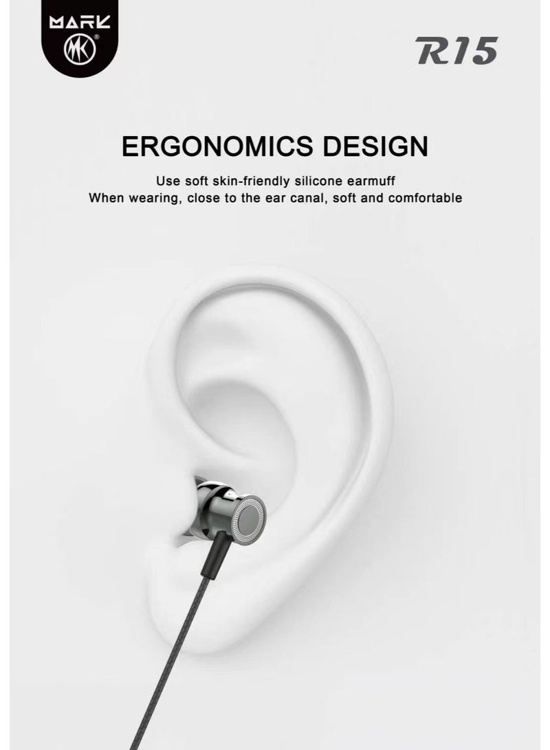 مارك سماعة أذن R15 سلكية هاي فاي ستيريو بميكروفون مدمج وأزرار تحكم في مستوى الصوت - تصميم مريح داخل الأذن - مناسبة للهواتف والكمبيوتر تستخدم للالعاب  جودة ممتازة تصلح كهدية رائعة - Image 4