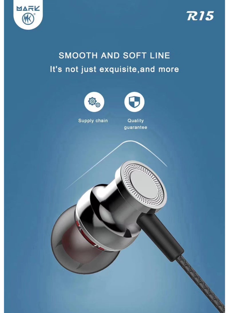 مارك سماعة أذن R15 سلكية هاي فاي ستيريو بميكروفون مدمج وأزرار تحكم في مستوى الصوت - تصميم مريح داخل الأذن - مناسبة للهواتف والكمبيوتر تستخدم للالعاب  جودة ممتازة تصلح كهدية رائعة - Image 5