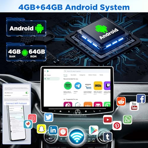 EKAT 4G64G 10 inch Android Single Din Car Stereo Rotatable 101 inch Touch Screen Carplay Radio with Wireless Car PlayAndroid AutoBluetoothFM RDSSWCGPS AHD Backup Camera - Image 3