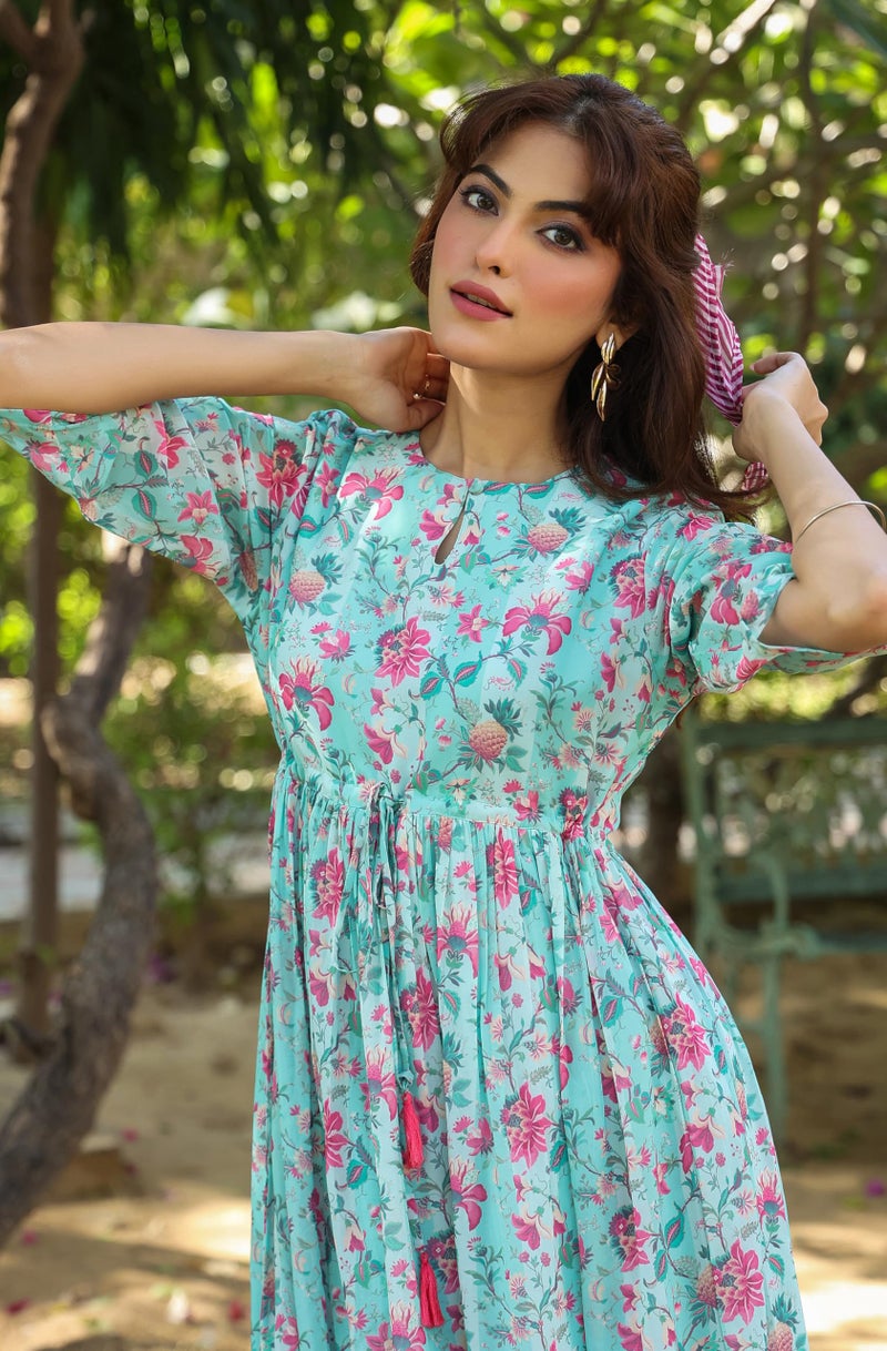 Janasya Women's Turquoise Georgette Floral Printed Tiered Dress (JAA25DR01147-M) - Image 2