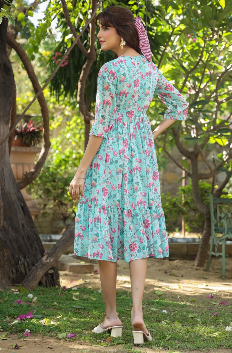 Janasya Women's Turquoise Georgette Floral Printed Tiered Dress (JAA25DR01147-M) - Image 4