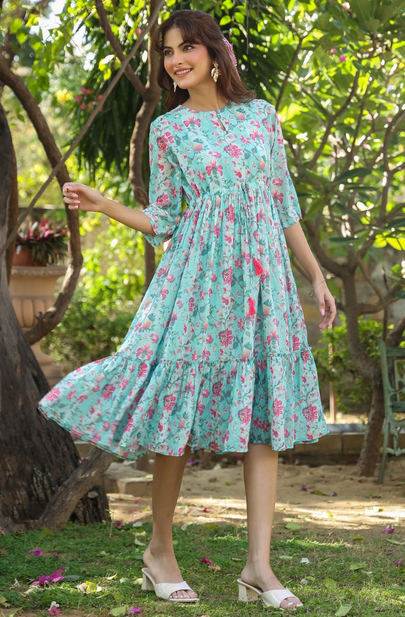 Janasya Women's Turquoise Georgette Floral Printed Tiered Dress (JAA25DR01147-M) - Image 3