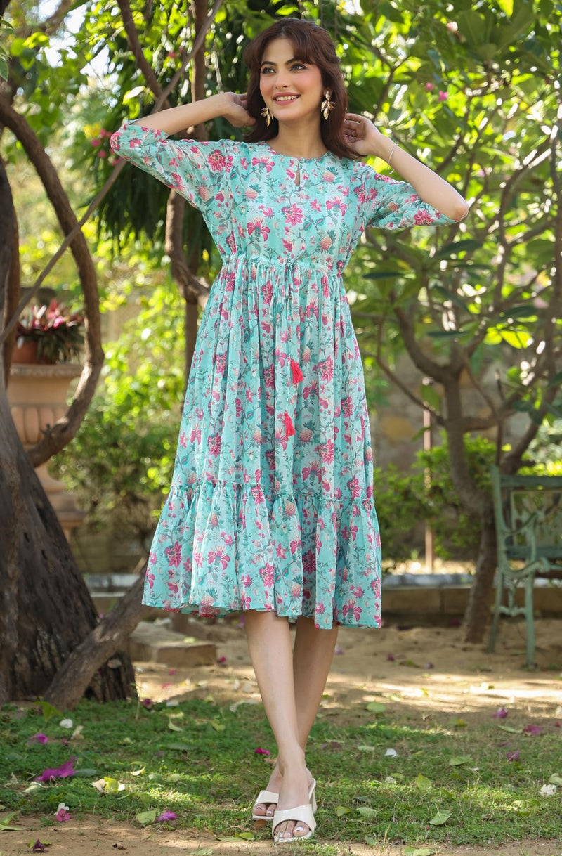 Janasya Women's Turquoise Georgette Floral Printed Tiered Dress (JAA25DR01147-M) - Image 5