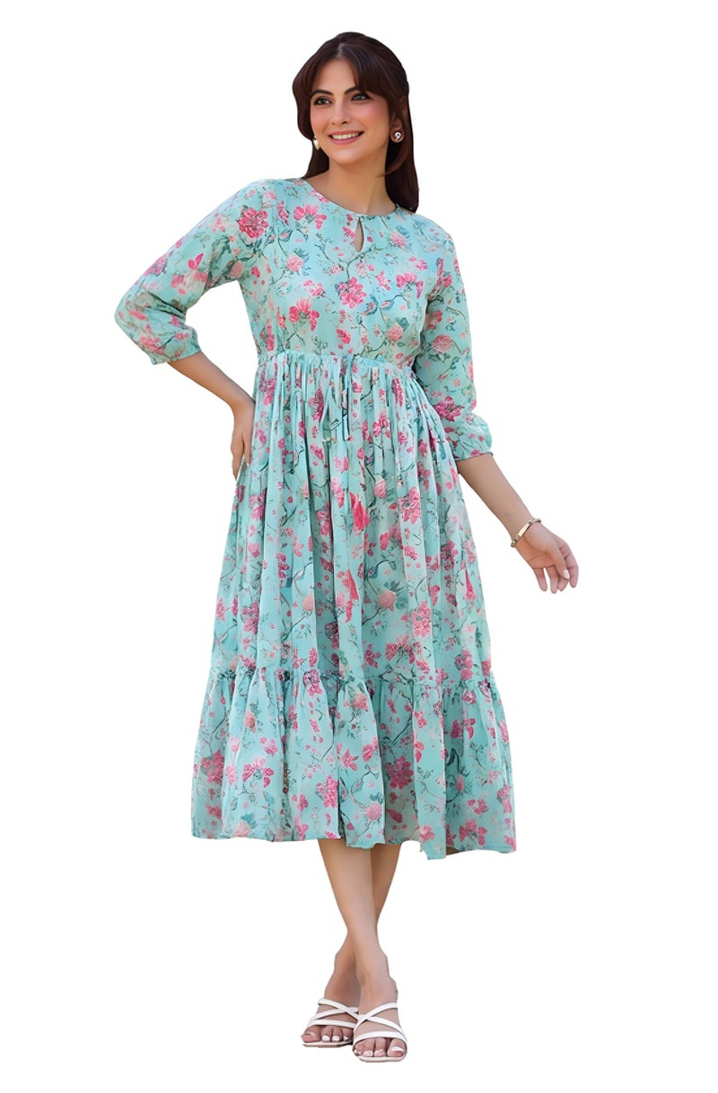 Janasya Women's Turquoise Georgette Floral Printed Tiered Dress (JAA25DR01147-M) - Image 1