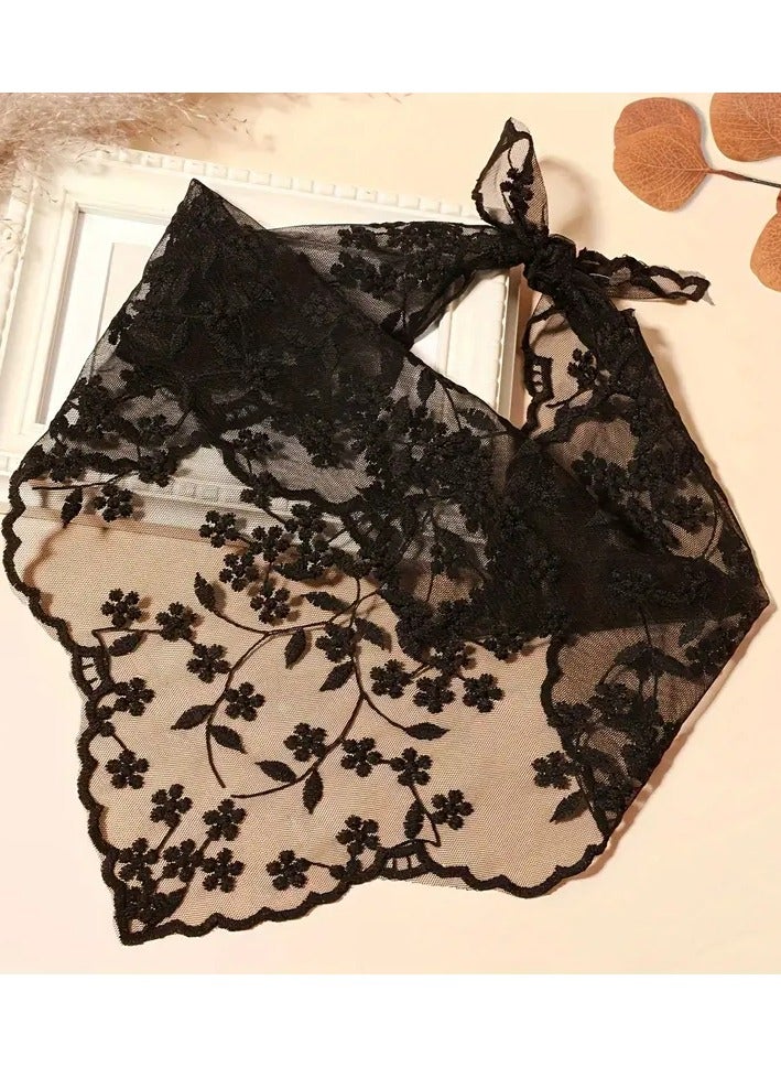 Rozino Elegant Women's Lace Floral Triangle Scarf - Solid Color, Polyester, Perfect for Dates & Travel - Black  - Image 1