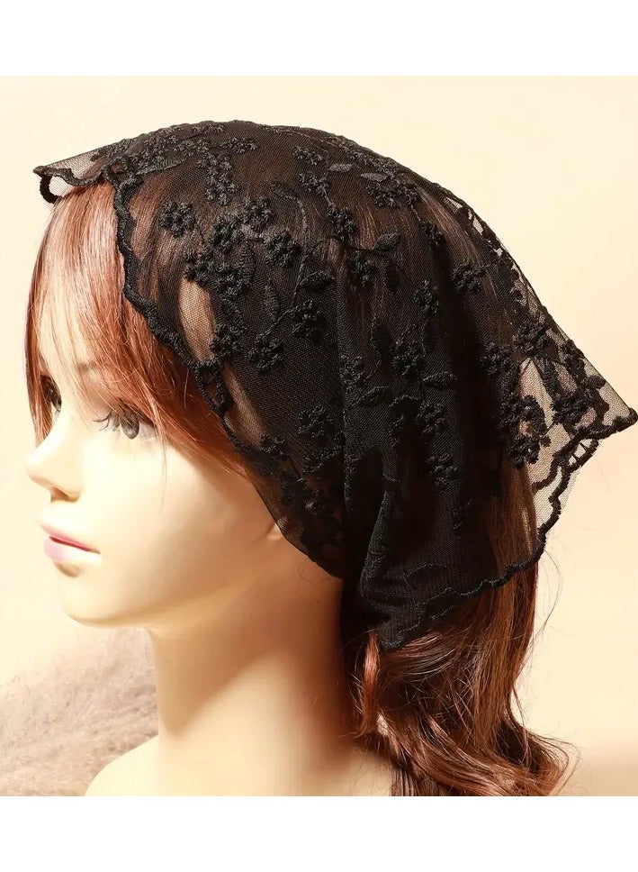 Rozino Elegant Women's Lace Floral Triangle Scarf - Solid Color, Polyester, Perfect for Dates & Travel - Black  - Image 2