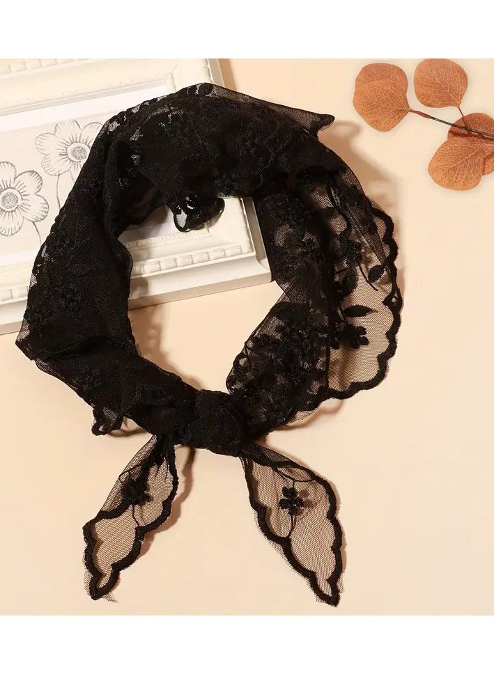 Rozino Elegant Women's Lace Floral Triangle Scarf - Solid Color, Polyester, Perfect for Dates & Travel - Black  - Image 4