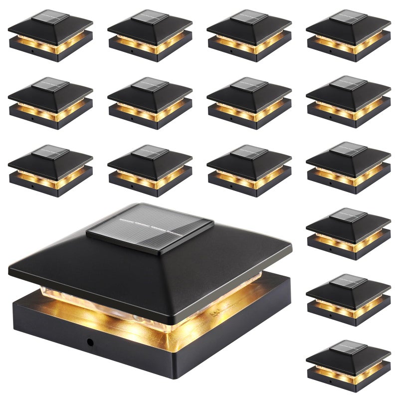 JOFIOS Solar Post Cap Lights Outdoor 16-Pack, Black Waterproof Solar Powered Deck Fence Lights Fit 4x4 Wood/Vinyl Posts, Bright Warm White for Patio, Porch - Image 1