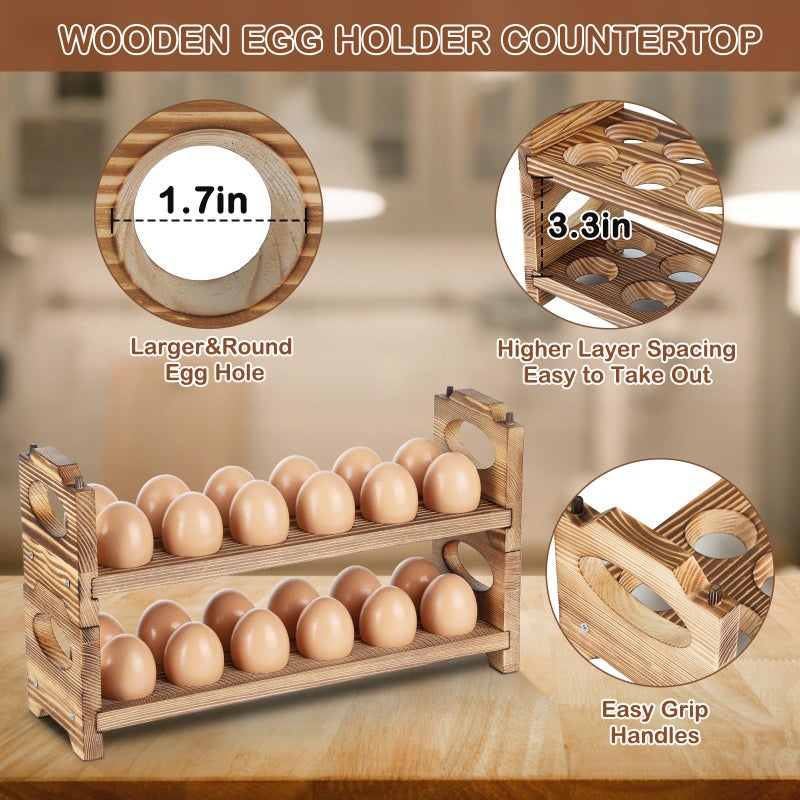AOOHOOA Wooden Egg Holder Countertop, Stackable Wooden Egg Storage & Organizer, 2-Tier /24-Hole Farmhouse Eggs Rack Wood with Handle for Fresh Eggs to Store Chicken/Duck/Quail/Turkey/Easter Egg - Image 5