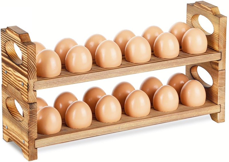 AOOHOOA Wooden Egg Holder Countertop, Stackable Wooden Egg Storage & Organizer, 2-Tier /24-Hole Farmhouse Eggs Rack Wood with Handle for Fresh Eggs to Store Chicken/Duck/Quail/Turkey/Easter Egg - Image 1