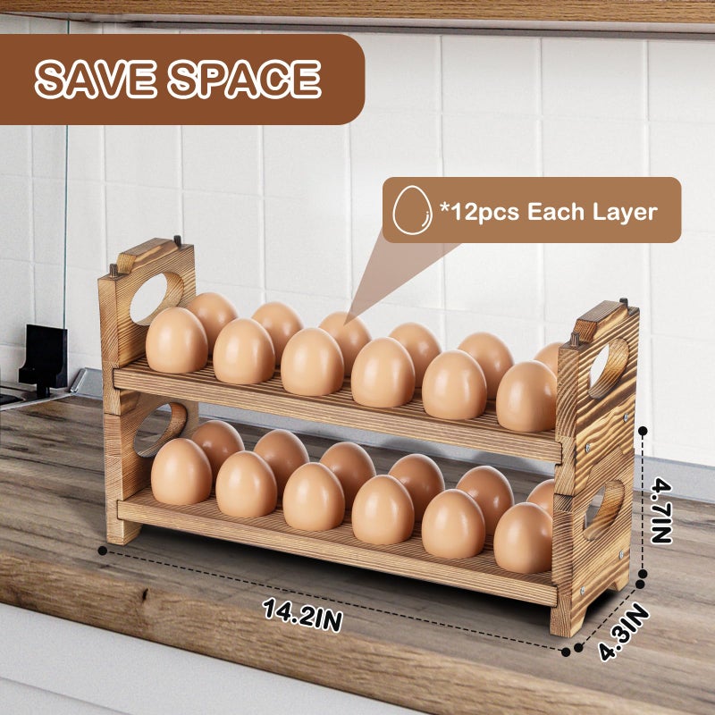 AOOHOOA Wooden Egg Holder Countertop, Stackable Wooden Egg Storage & Organizer, 2-Tier /24-Hole Farmhouse Eggs Rack Wood with Handle for Fresh Eggs to Store Chicken/Duck/Quail/Turkey/Easter Egg - Image 4