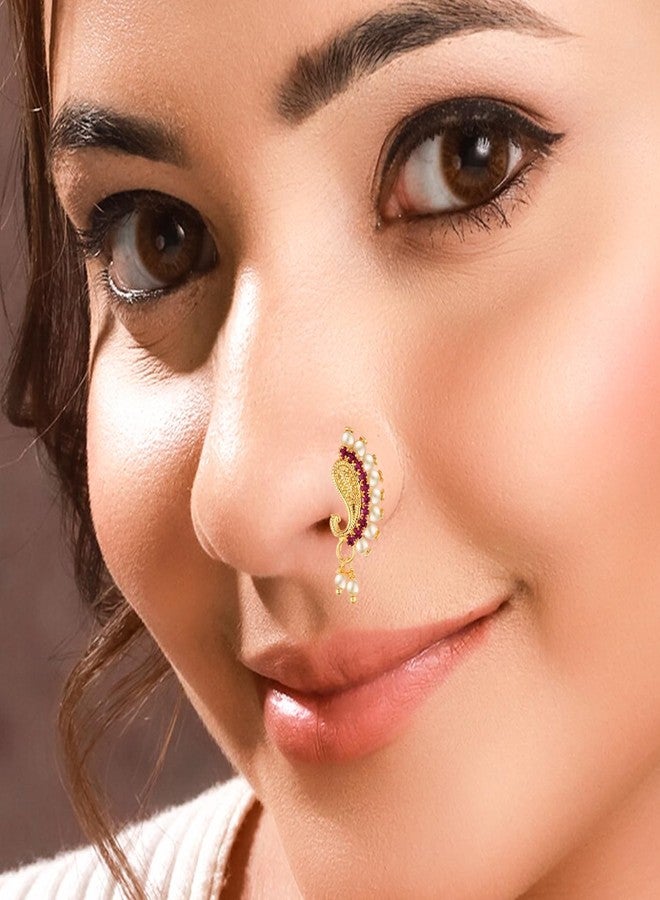 VAMA FASHION Gold Plated Maharashtrian Marathi Cilp On Without Piercing Nath Pearl Nathiya Nathni Pressing Nose Ring for Women & Girls - Image 4