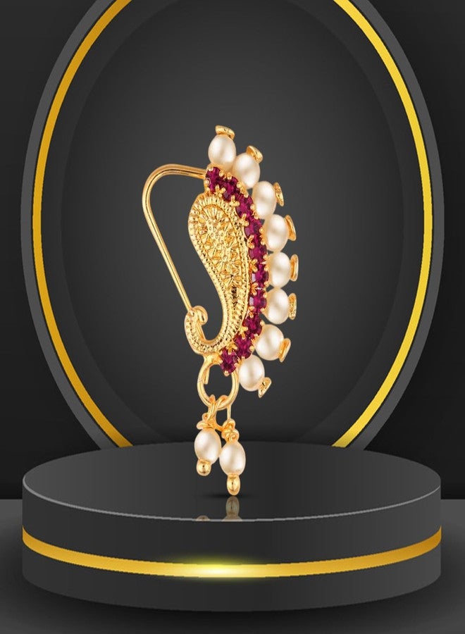 VAMA FASHION Gold Plated Maharashtrian Marathi Cilp On Without Piercing Nath Pearl Nathiya Nathni Pressing Nose Ring for Women & Girls - Image 5