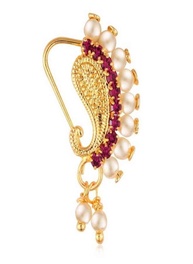VAMA FASHION Gold Plated Maharashtrian Marathi Cilp On Without Piercing Nath Pearl Nathiya Nathni Pressing Nose Ring for Women & Girls - Image 1