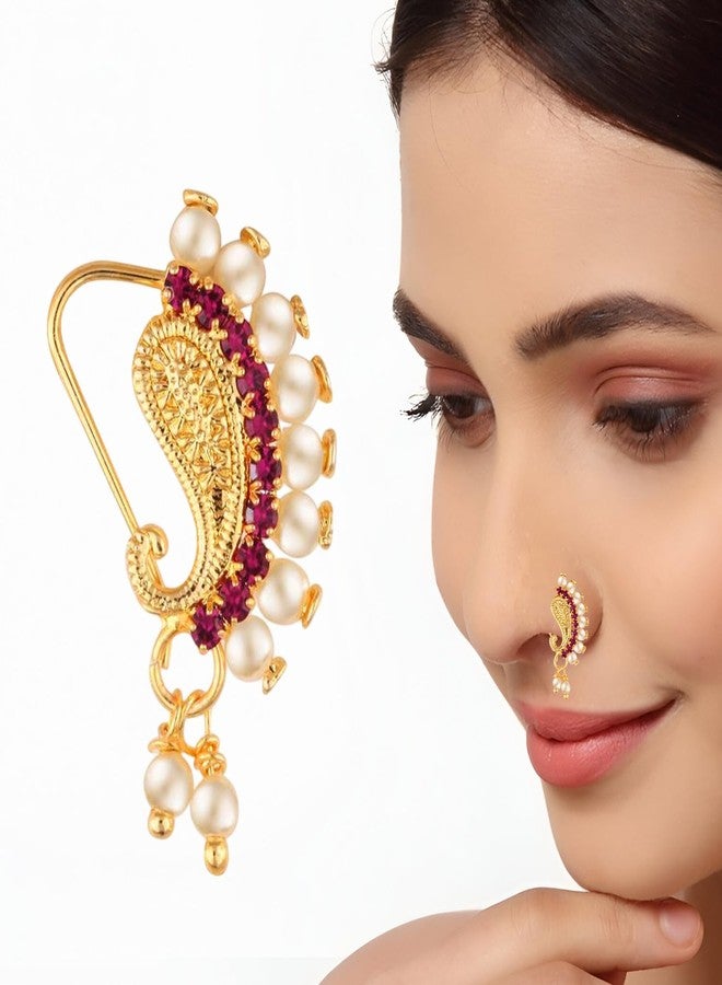 VAMA FASHION Gold Plated Maharashtrian Marathi Cilp On Without Piercing Nath Pearl Nathiya Nathni Pressing Nose Ring for Women & Girls - Image 2