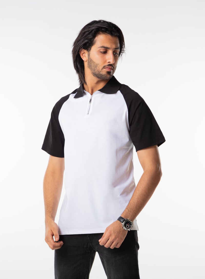 Dayton Men Polo T-Shirt Casual Zip Collar Black White Short Sleeve  - Image 1