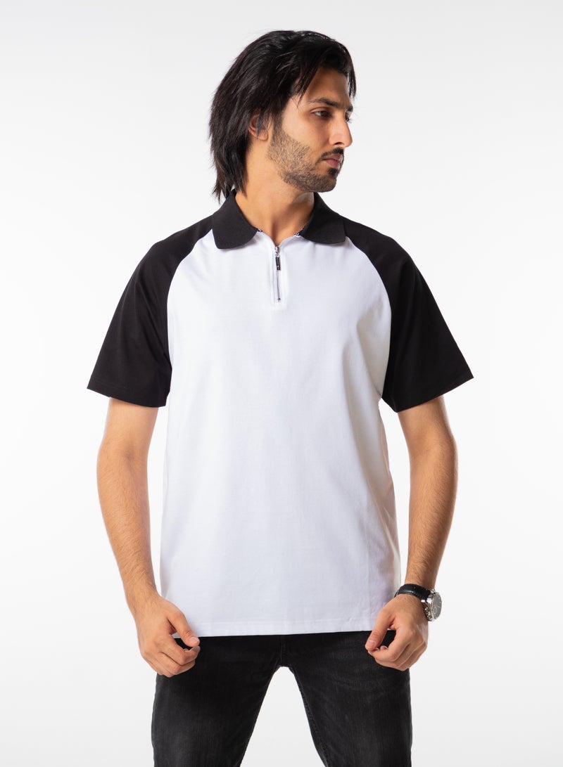 Dayton Men Polo T-Shirt Casual Zip Collar Black White Short Sleeve  - Image 3
