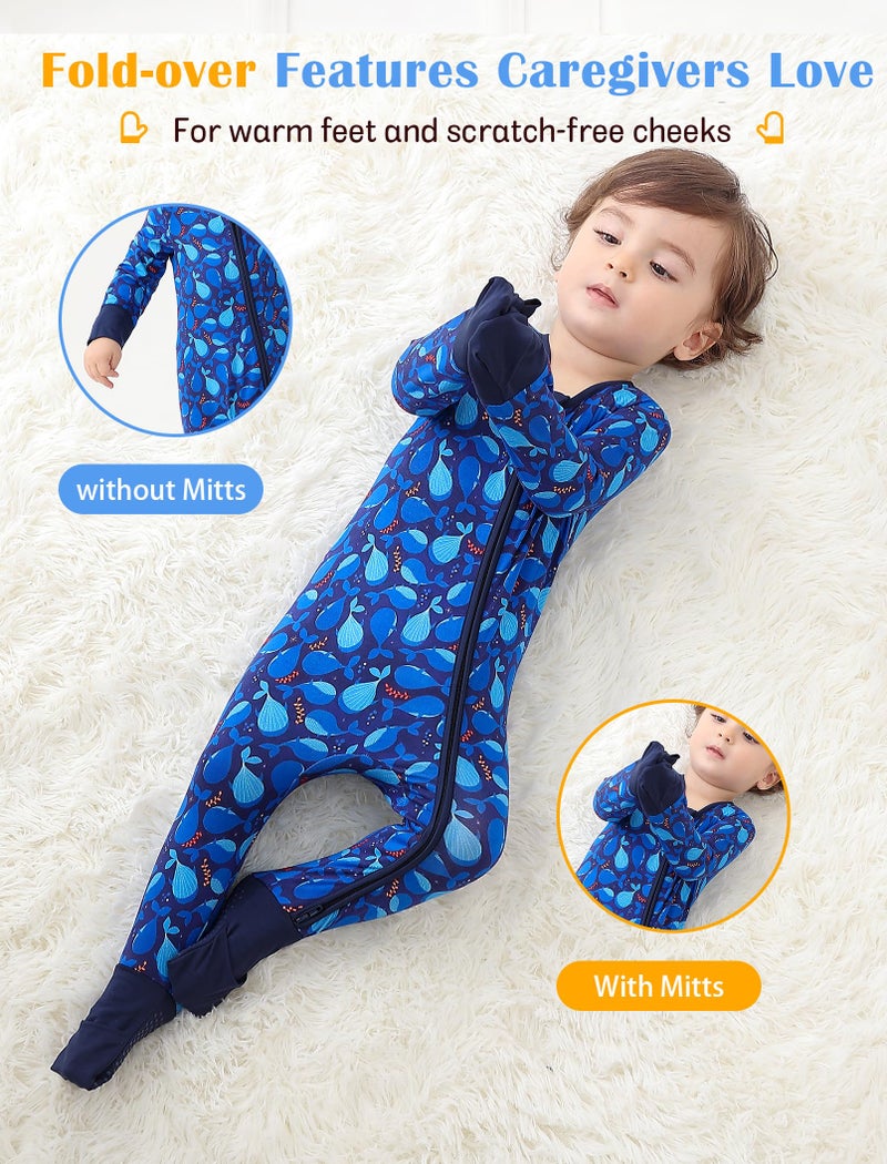 JunNeng Viscose from Bamboo Baby Boy Sleeper with Mitten Cuffs, Footless Soft Zippy Pajamas, Sleep N' Play Romper Navy Blue+Whale 6-12 Months - Image 4
