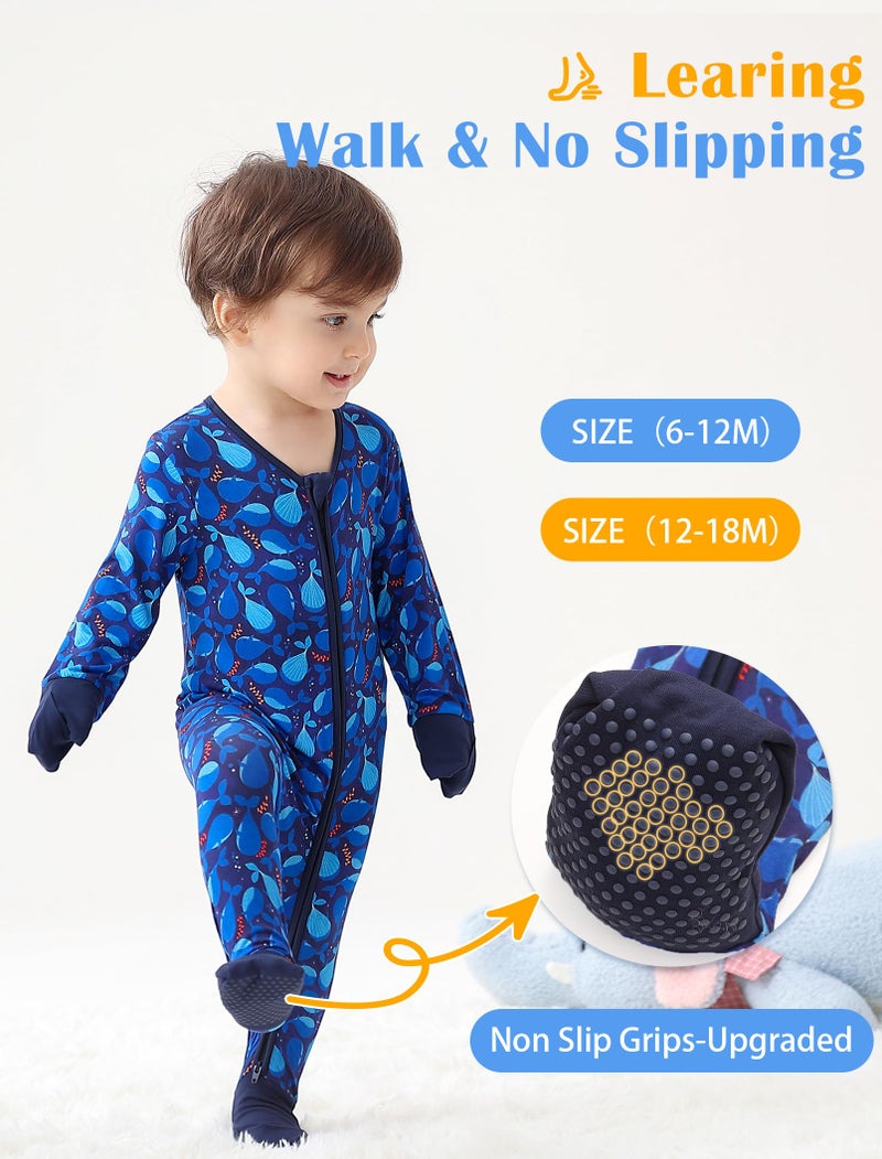 JunNeng Viscose from Bamboo Baby Boy Sleeper with Mitten Cuffs, Footless Soft Zippy Pajamas, Sleep N' Play Romper Navy Blue+Whale 6-12 Months - Image 5